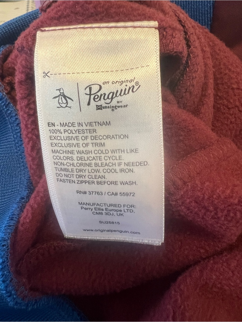 Original Penguin Burgundy Bomber Jacket | Men’s Zip-Up Jacket with Blue Trim - Picture 4 of 9
